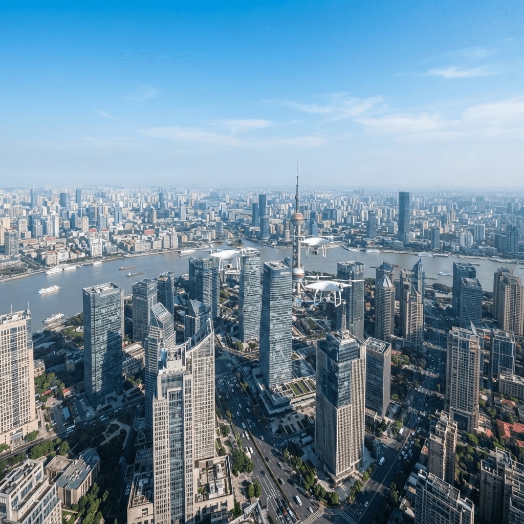 城市高楼群航拍全景，多架工业无人机在楼宇间编队飞行